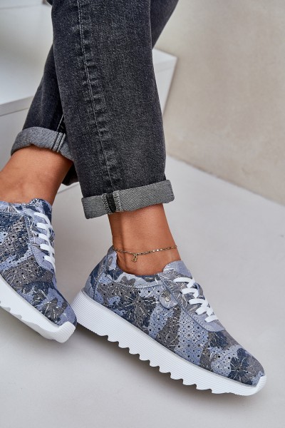 Suede Patterned Sports Shoes On Platform With Glitter D&A LR51-635 Blue