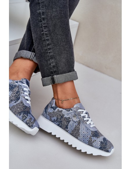 Suede Patterned Sports Shoes On Platform With Glitter D&A LR51-635 Blue