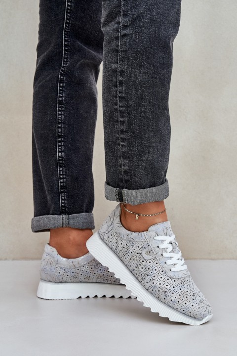 Suede Patterned Sports Shoes On Platform With Glitter D&A LR51-635 Silver