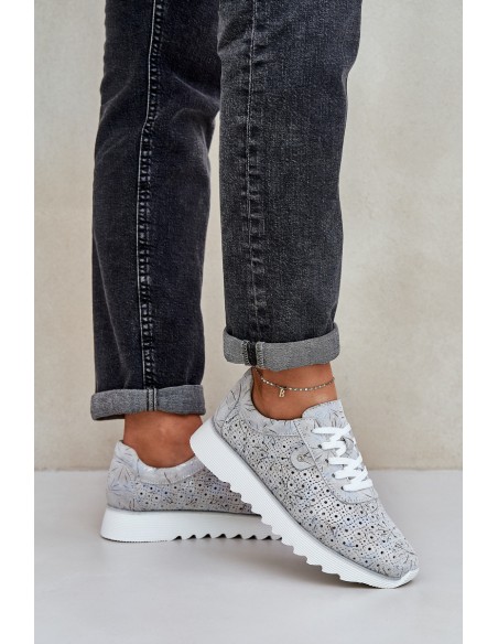 Suede Patterned Sports Shoes On Platform With Glitter D&A LR51-635 Silver