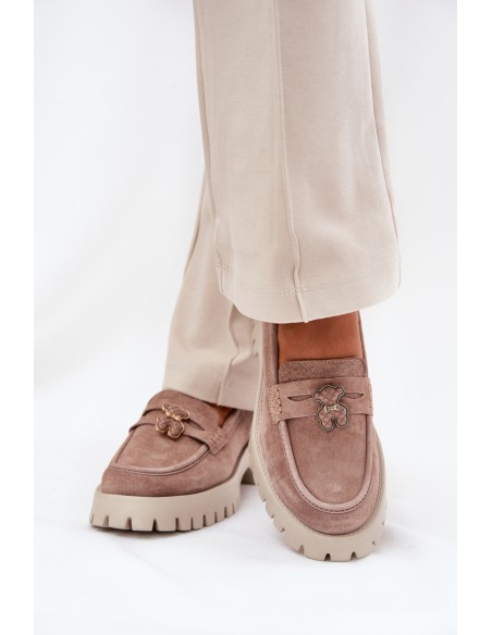 Suede Women's Moccasins With A Bear Emblem Vinceza 79533 Beige