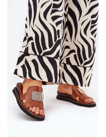Ladies Wedge Sandals Eco Leather With Decoration Brown Sarela