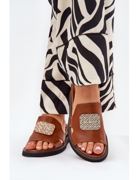 Ladies Wedge Sandals Eco Leather With Decoration Brown Sarela