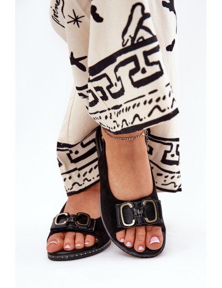 Flat Sandals With Decoration Eco Suede Black Lilria