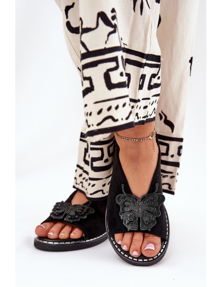 Womens sandals on flat heel with decoration black Setorina