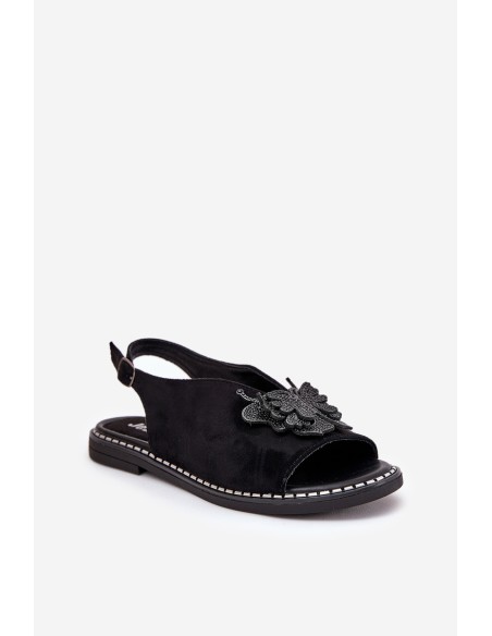 Womens sandals on flat heel with decoration black Setorina