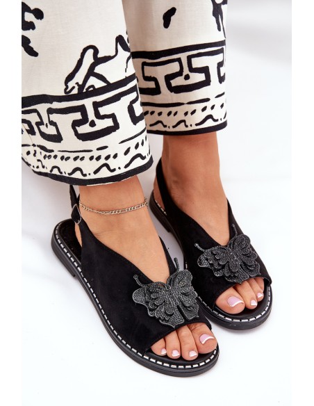 Womens sandals on flat heel with decoration black Setorina