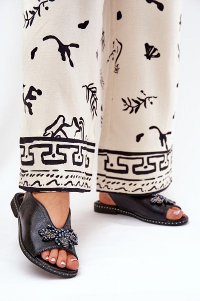 Shiny Women's Sandals With Decoration Flat Black Russona