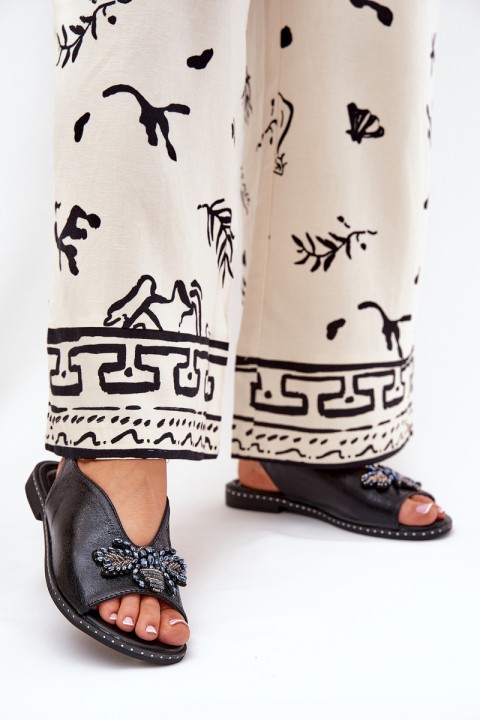 Shiny Women's Sandals With Decoration Flat Black Russona