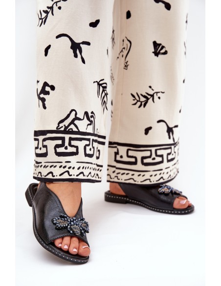 Shiny Women's Sandals With Decoration Flat Black Russona