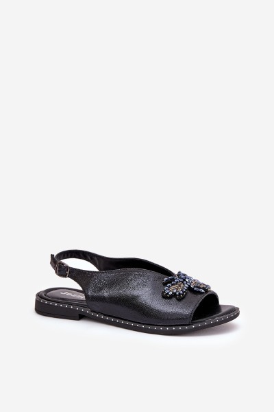 Shiny Women's Sandals With Decoration Flat Black Russona 2