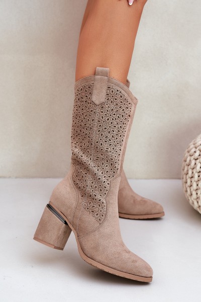 Cutout Cowboy Boots Mid-Calf S.Barski HY51-238 Beige