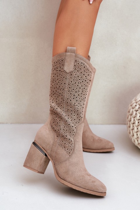 Cutout Cowboy Boots Mid-Calf S.Barski HY51-238 Beige