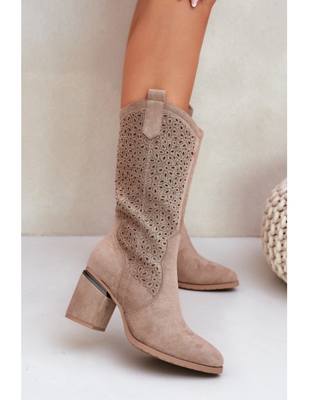 Cutout Cowboy Boots Mid-Calf S.Barski HY51-238 Beige