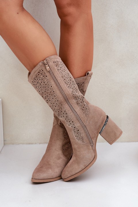 Cutout Cowboy Boots Mid-Calf S.Barski HY51-238 Beige