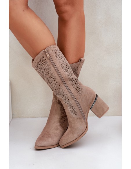 Cutout Cowboy Boots Mid-Calf S.Barski HY51-238 Beige