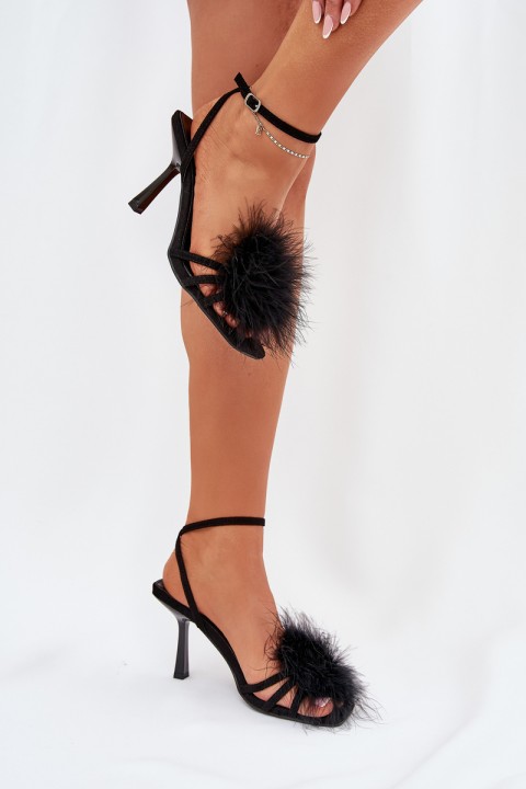 Ladies High Heels Sandals With Feathers Black Xaliope