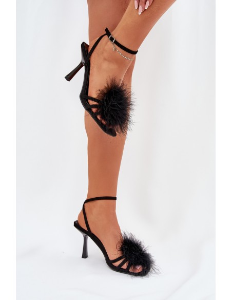 Ladies High Heels Sandals With Feathers Black Xaliope