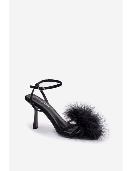 Ladies High Heels Sandals With Feathers Black Xaliope