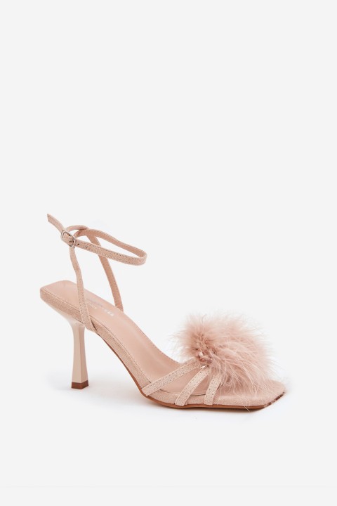Women's Heeled Sandals With Feathers Beige Xaliope