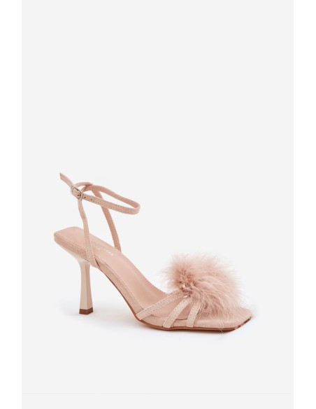 Women's Heeled Sandals With Feathers Beige Xaliope