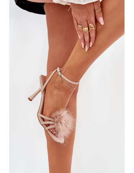 Women's Heeled Sandals With Feathers Beige Xaliope
