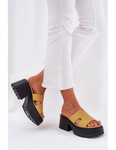 Ladies Platform Slippers With A Chunky Heel Yellow Rizana