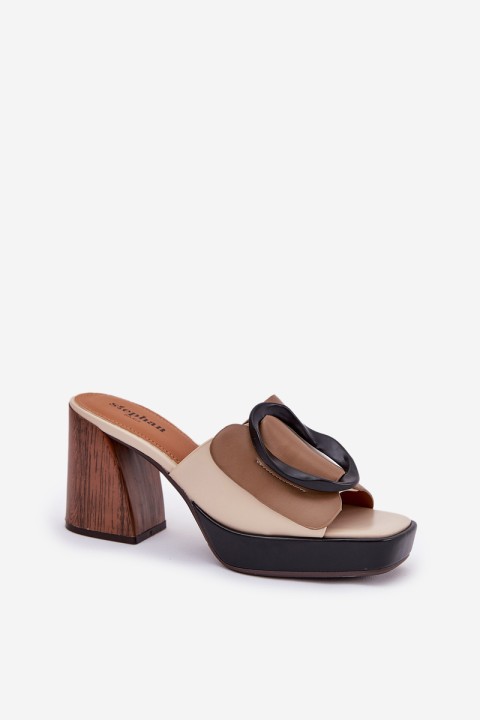 Women's sandals on block heel with buckle dark beige Amuria