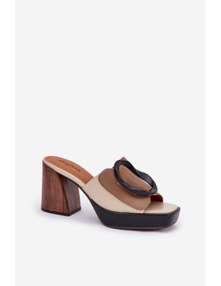 Women's sandals on block heel with buckle dark beige Amuria