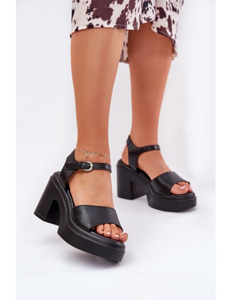 Ladies sandals on chunky heel and platform made of eco leather black Korlevia