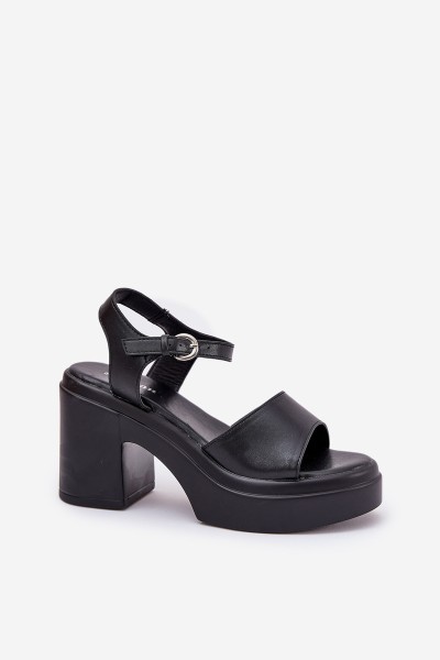 Ladies sandals on chunky heel and platform made of eco leather black Korlevia 2