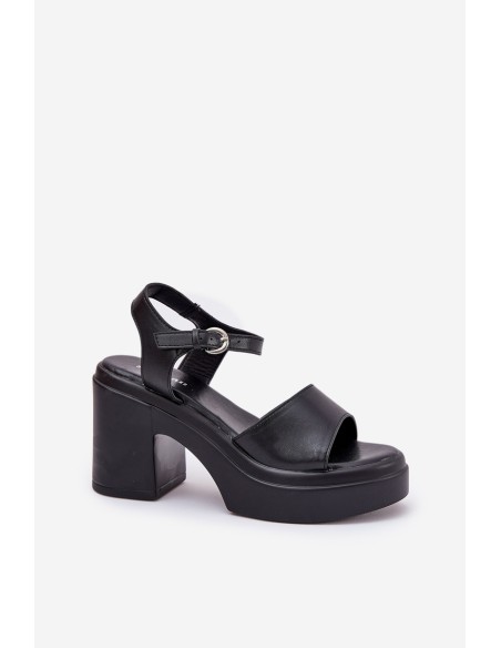 Ladies sandals on chunky heel and platform made of eco leather black Korlevia
