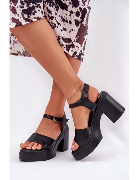 Ladies sandals on chunky heel and platform made of eco leather black Korlevia
