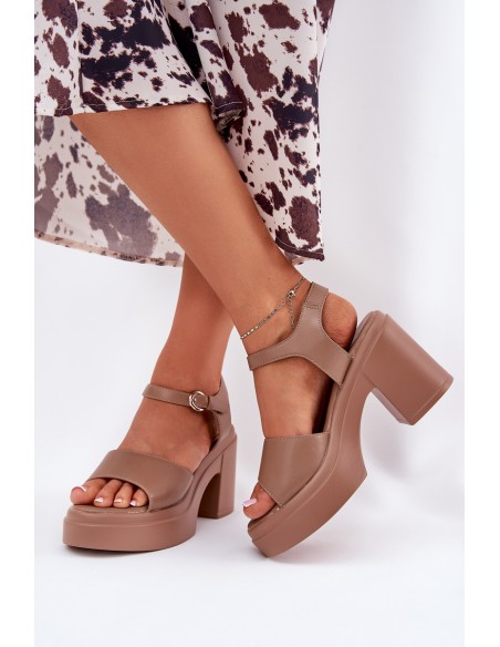 Women's sandals on a chunky heel and platform made of eco leather dark beige Korlevia