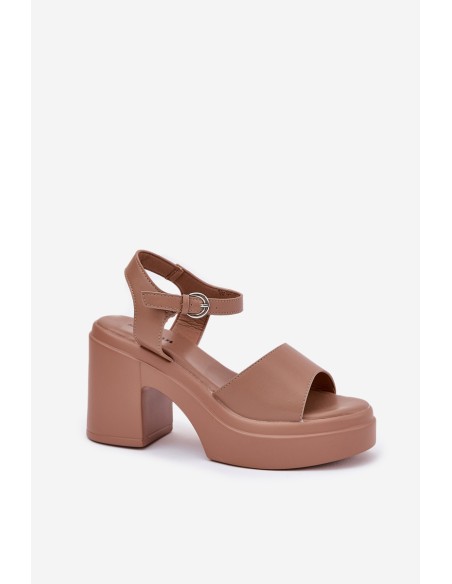 Women's sandals on a chunky heel and platform made of eco leather dark beige Korlevia