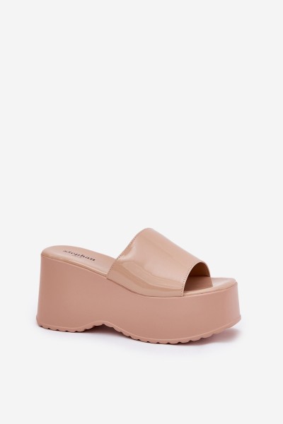 Lacquered Women's Sandals On Platform And Wedge Beige Nellevia 2