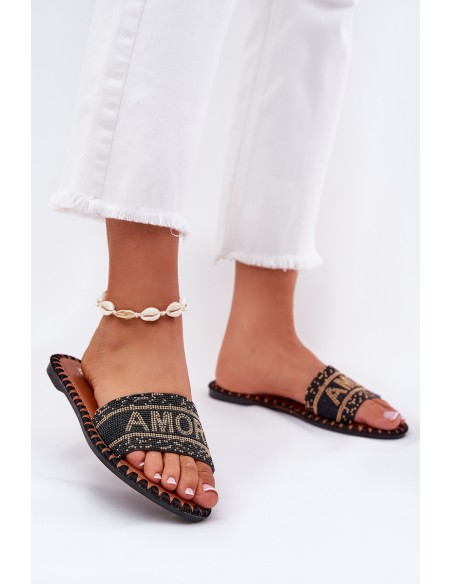 Ladies Flat Heeled Slippers With Decoration Black Dorfedi