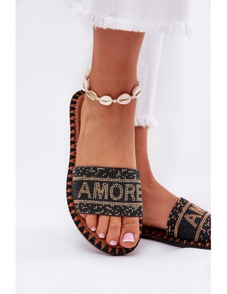 Ladies Flat Heeled Slippers With Decoration Black Dorfedi
