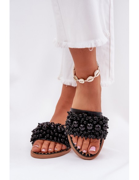 Women's Flat Sandals With Decorative Beads Black Aricca