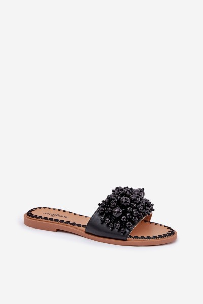 Women's Flat Sandals With Decorative Beads Black Aricca 2