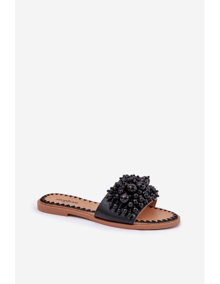 Women's Flat Sandals With Decorative Beads Black Aricca