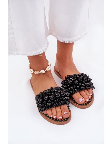 Women's Flat Sandals With Decorative Beads Black Aricca