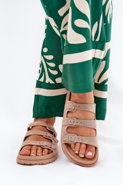 Ladies Slippers With Straps And Buckles Beige Uliri