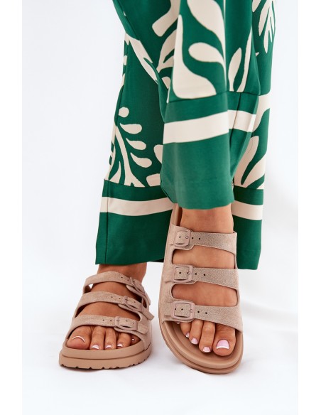 Ladies Slippers With Straps And Buckles Beige Uliri