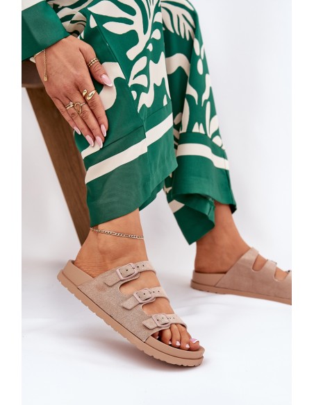 Ladies Slippers With Straps And Buckles Beige Uliri