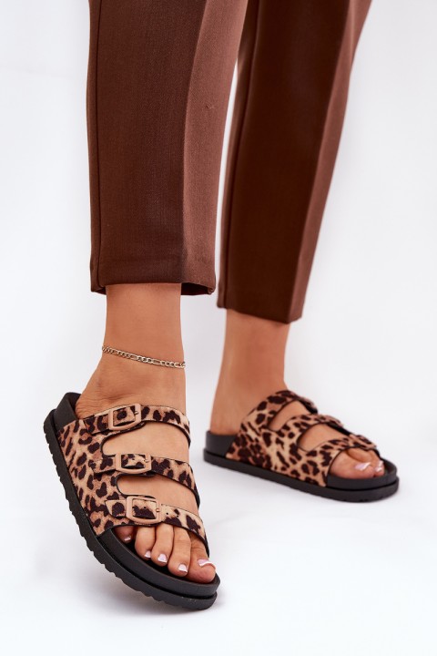 Ladies Slippers With Straps And Buckles In Leopard Print Brown Uliri