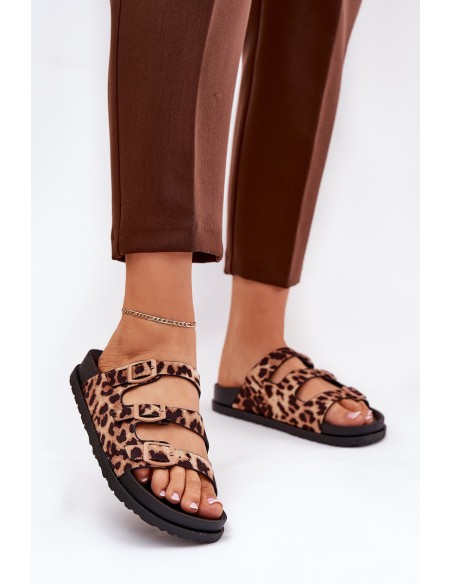 Ladies Slippers With Straps And Buckles In Leopard Print Brown Uliri