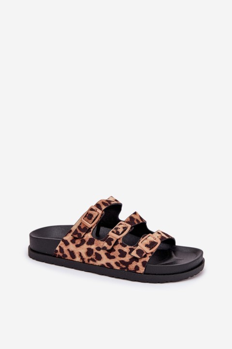 Ladies Slippers With Straps And Buckles In Leopard Print Brown Uliri