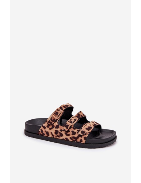 Ladies Slippers With Straps And Buckles In Leopard Print Brown Uliri