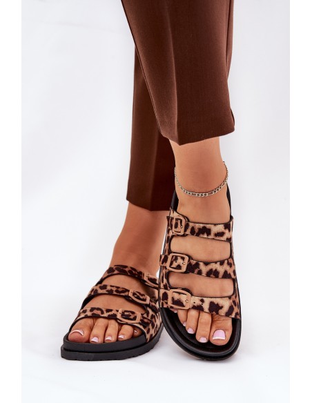 Ladies Slippers With Straps And Buckles In Leopard Print Brown Uliri
